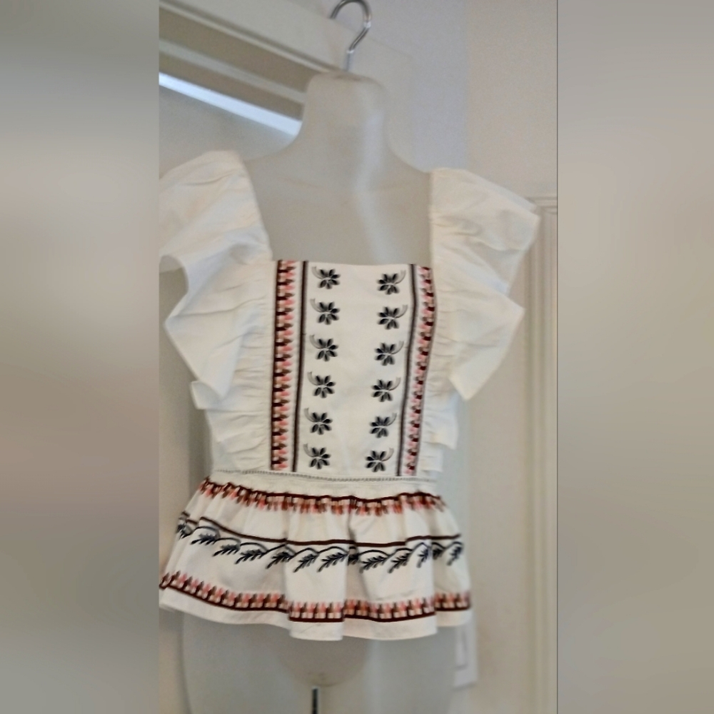 Embroidered White Blouse with Ruffle Sleeves